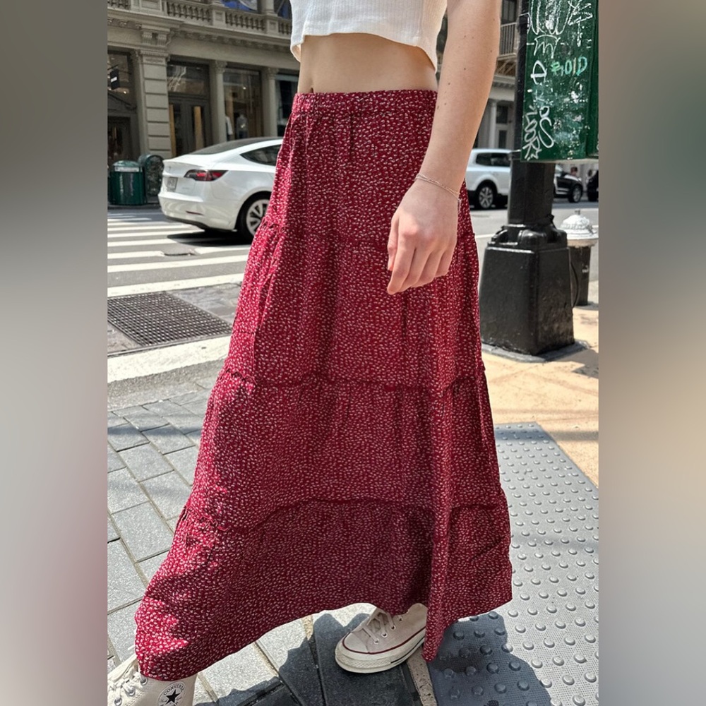 Brandy Melville Floral Tiered Maxi Skirt M Deep Red Prairie Cottagecore